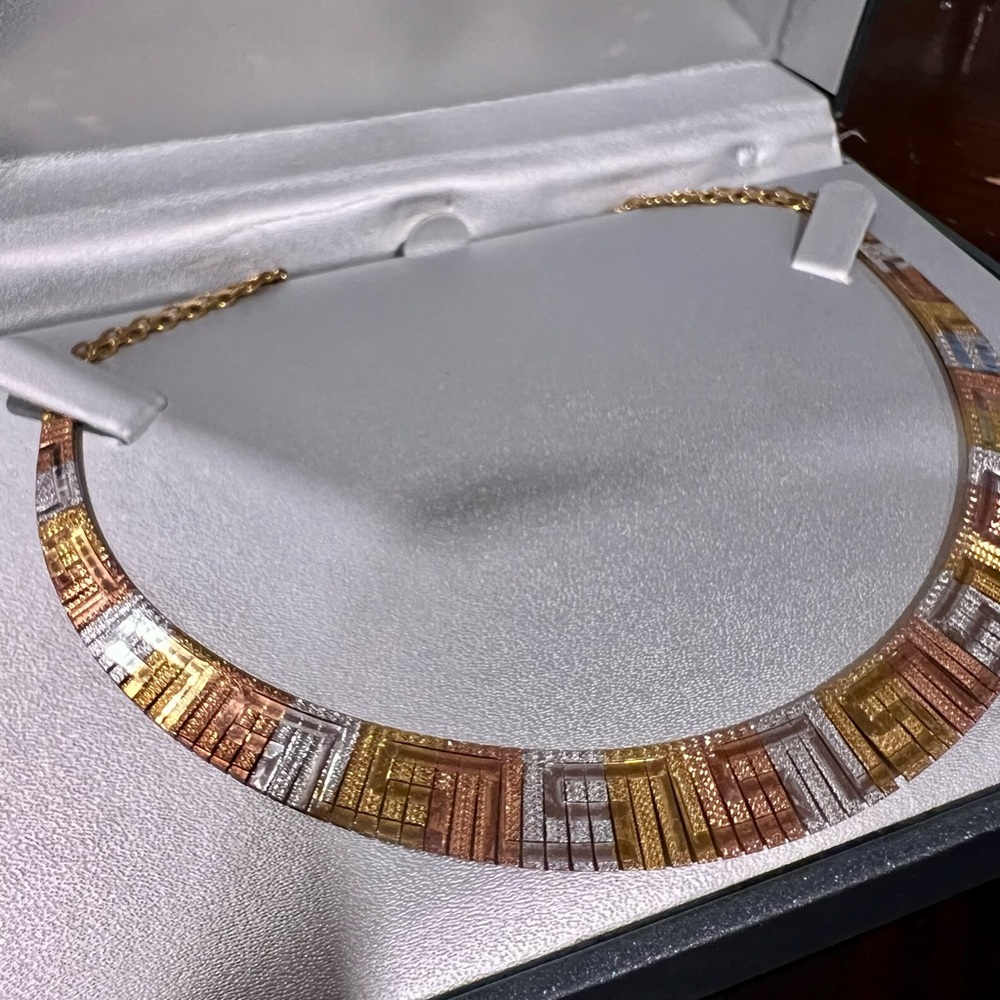 Ellen Tracy Tri-Color Greek Key Necklace in Silver, Gold, and Rose Gold